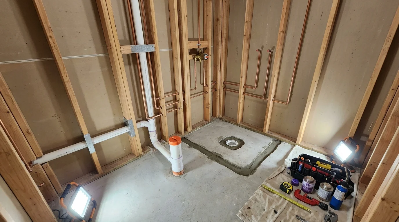 Bathroom rough-in plumbing during remodel by Johns Plumbing LLC in Chelsea