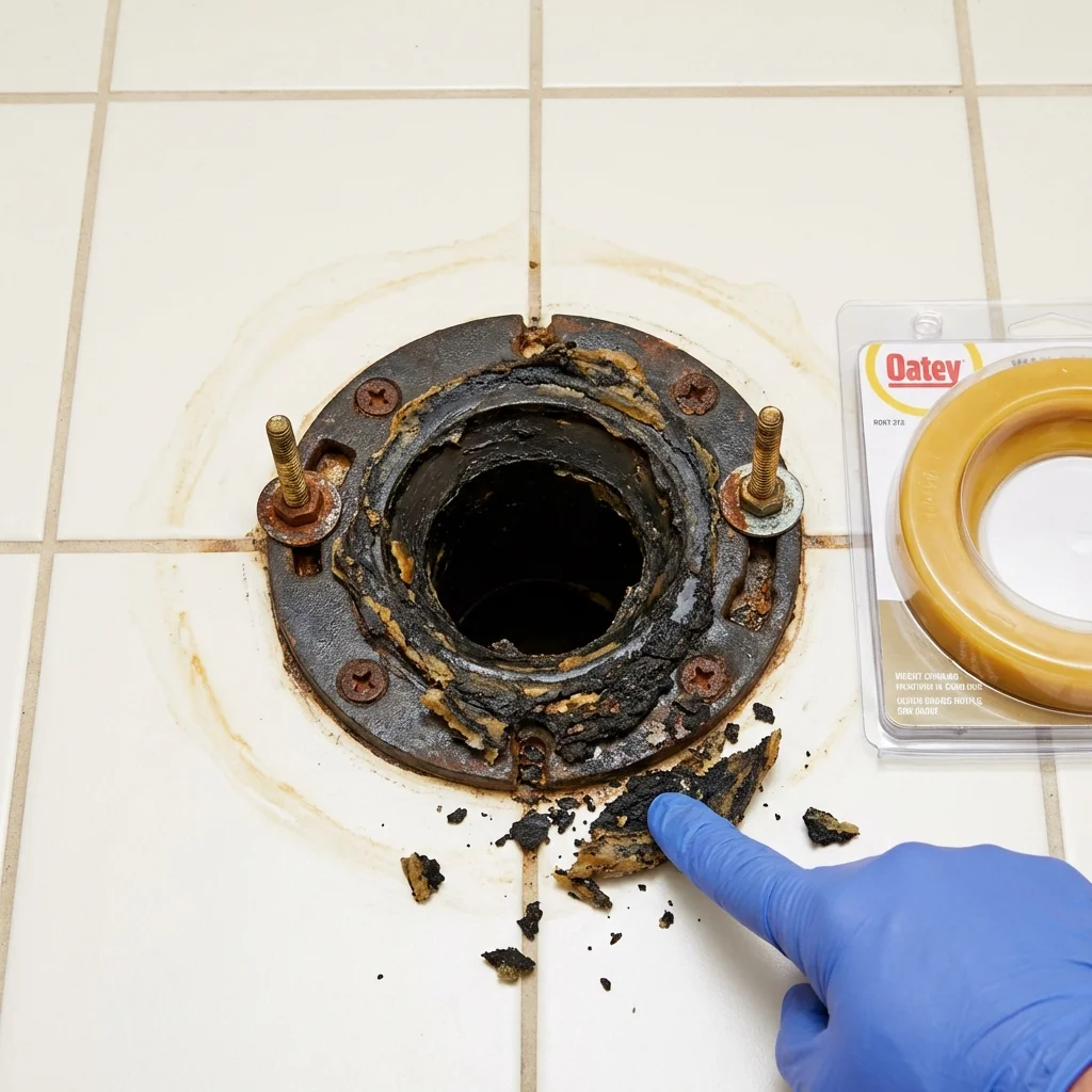 Failed wax ring showing water seepage at the base of a toilet in a Chelsea, OK home