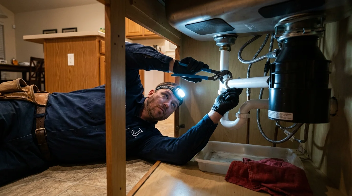 P-trap and supply line connections under a kitchen sink showing a common leak point in Chelsea, OK